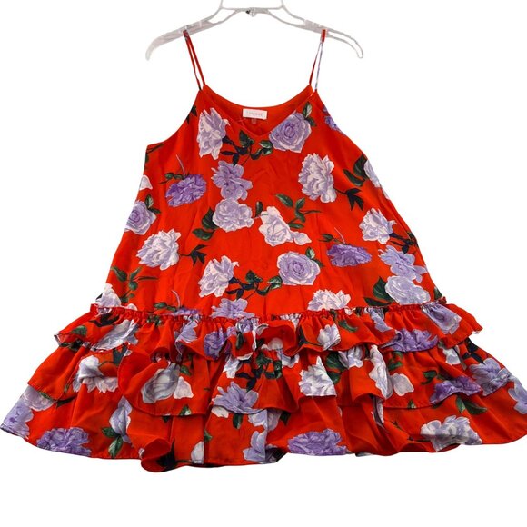 Latowne Red Floral Ruffle Hem Dress Size Large Spaghetti straps lined - Picture 1 of 7